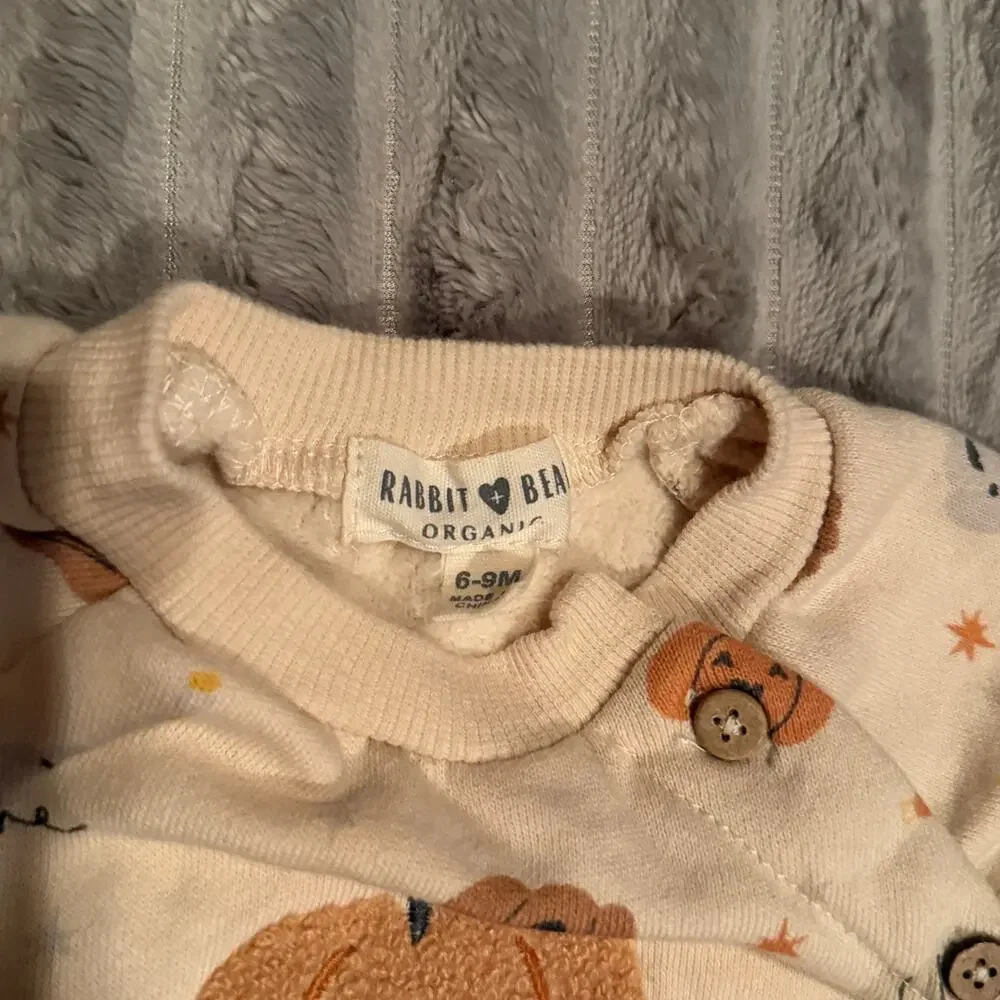 Rabbit + Bear Organic Pumpkin Sweatshirt Cream Sherpa Patch Pullover 6-9 Months